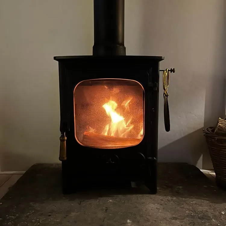 Wood-burning stove with a fire glowing behind the glass