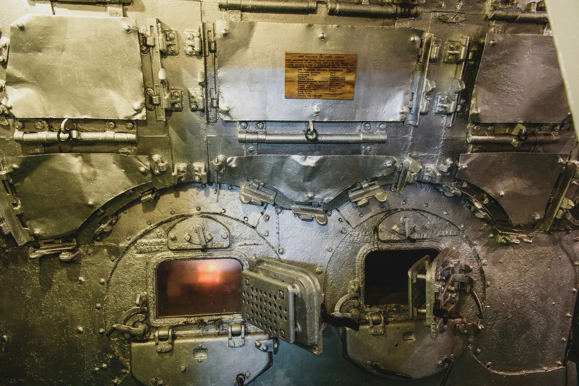 Traditional industrial boiler with open firebox doors
